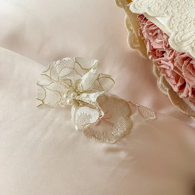 Afralia™ Pink Flower Embroidered Lyocell Bedding Set - High-end Duvet Cover Set