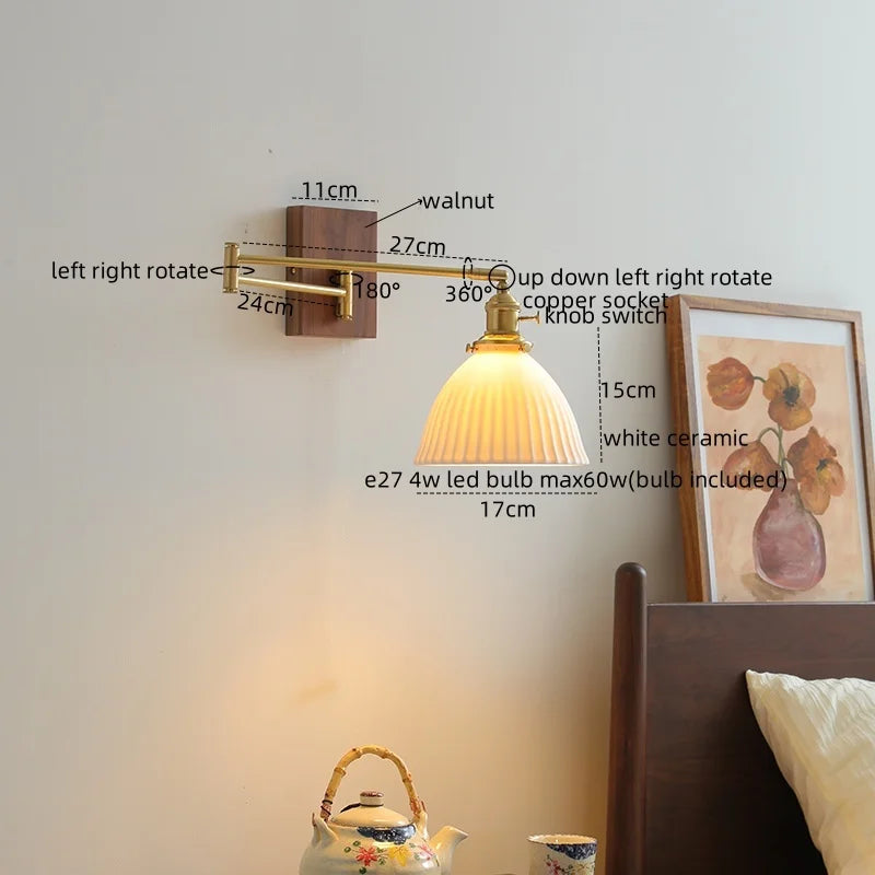 Afralia™ Ceramic Walnut LED Wall Lights for Modern Bedroom Living Room, Pull Chain Switch