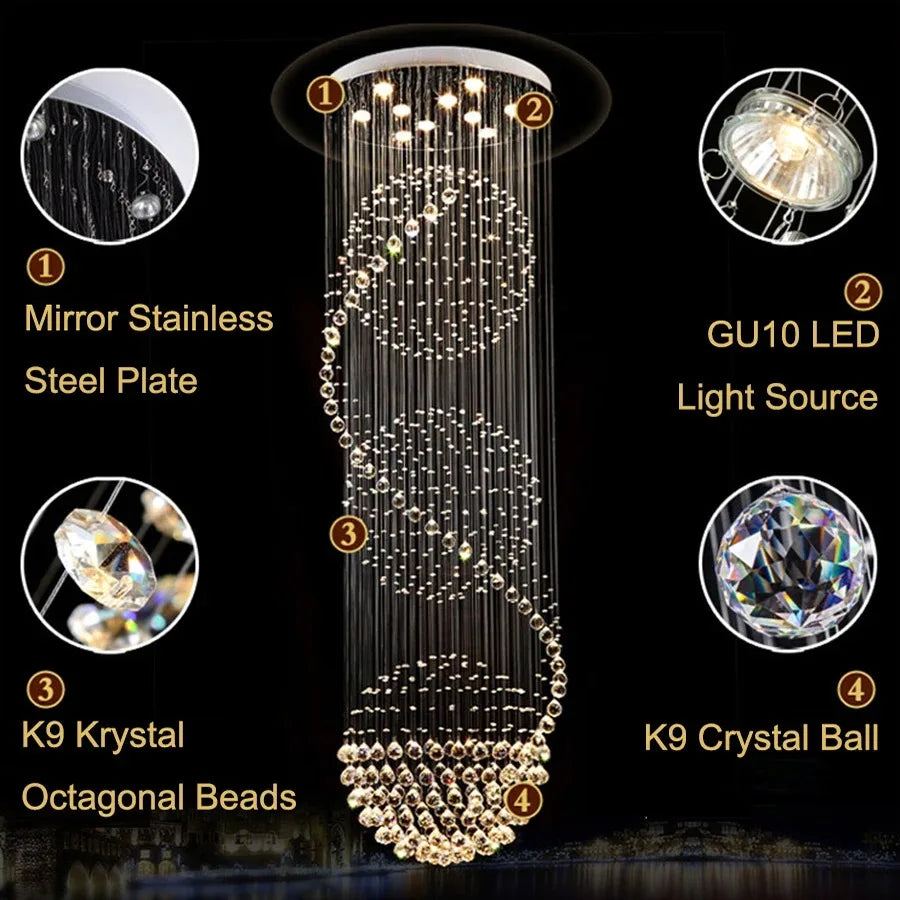 Afralia™ Modern LED Crystal Ball Chandelier Spiral Staircase Pendant Light