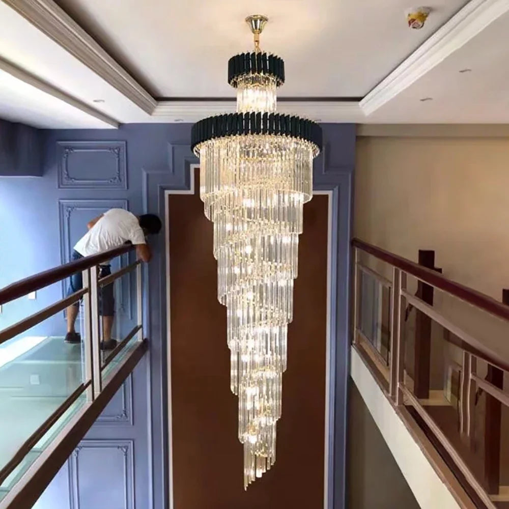 Afralia™ Crystal LED Chandeliers: Luxury Multi-layer Staircase Lighting, Black Stainless Steel