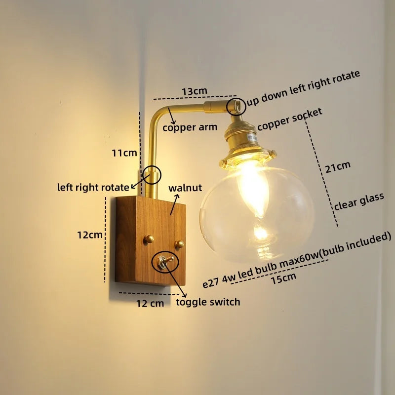 Afralia™ Clear Glass LED Wall Sconce Walnut Copper Modern Stair Light Fixtures