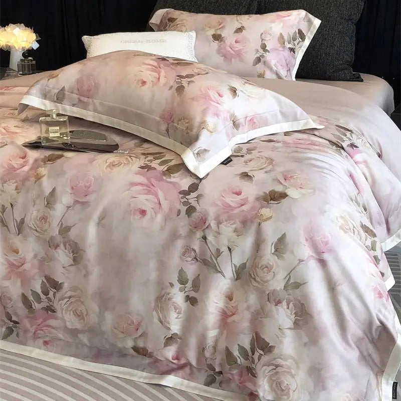 Afralia™ Pink Rose Flowers Print Bedding Set - 4Pcs