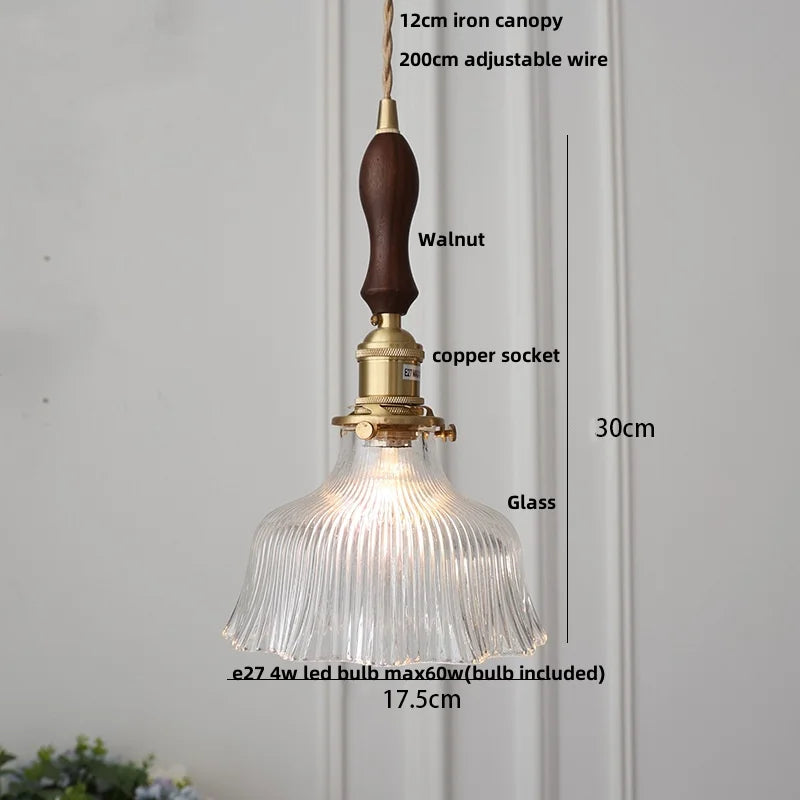 Afralia™ Glass LED Pendant Lamp Walnut Wood Copper Switch Nordic Hanging Light