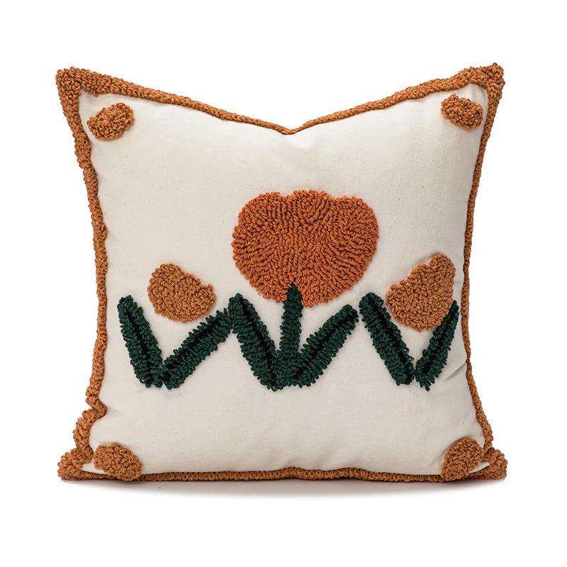 Afralia™ Tufted Burnt Orange Tulip Floral Pillow Cover 45x45cm for Living Room, Bedroom, Sofa