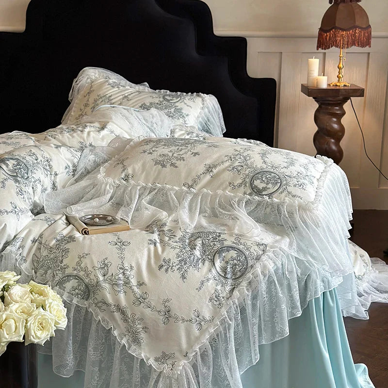 Afralia™ French Lace Ruffles Princess Bedding Set with Milk Velvet Quilt Cover & Pillowcases