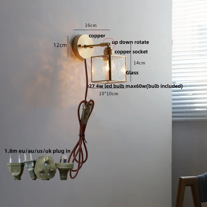 Afralia™ Glass LED Wall Light with Pull Chain Switch, Rotating Japanese Style Bedside Lamp
