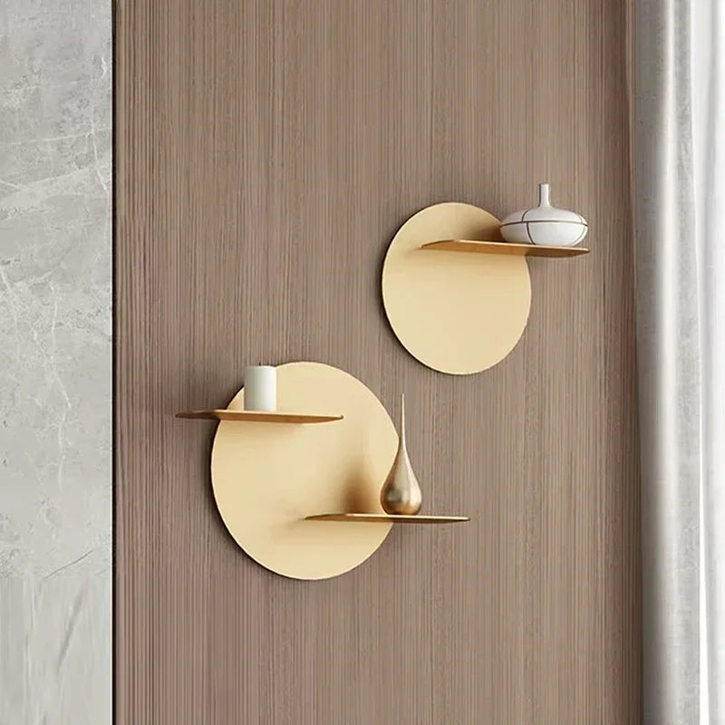 Afralia™ Gold Metal Round Wall Storage Shelf with Hooks