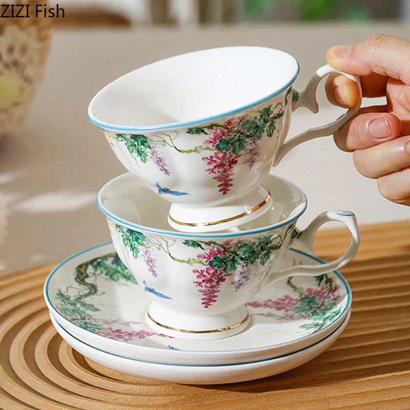 Afralia™ Green Willow Porcelain Tea Cup & Saucer Set - Elegant Tableware and Coffee Mug