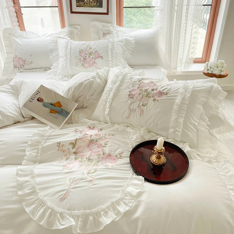 Afralia™ Vintage Rose Bouquet Embroidered Duvet Set with Ruffles & Patchwork