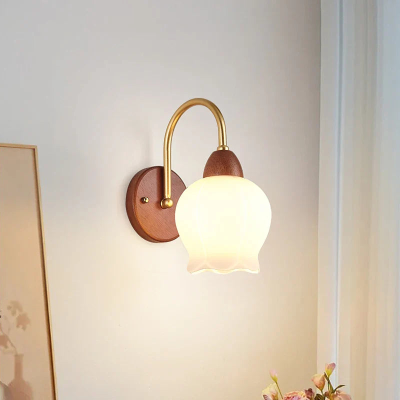 Afralia™ Wood Glass LED Wall Light Modern Bedside Lamp for Living Room & Bedroom