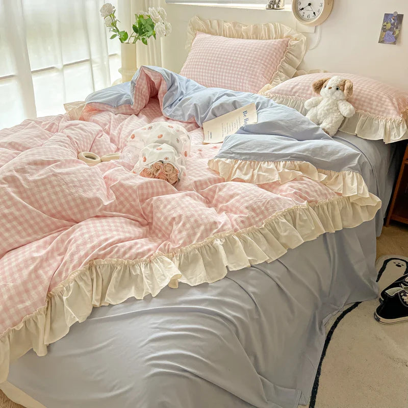 Afralia™ Korean Princess Style Cotton Bedding Set with Ruffles and Lace