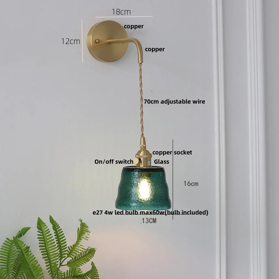 Afralia™ Clear Glass LED Wall Lights Brass E27 Pull Chain Switch Bedside Lamp