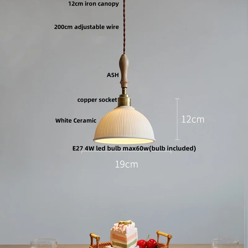 Afralia™ LED Pendant Light Ash Wood White Ceramic Japanese Style Hanging Lamp