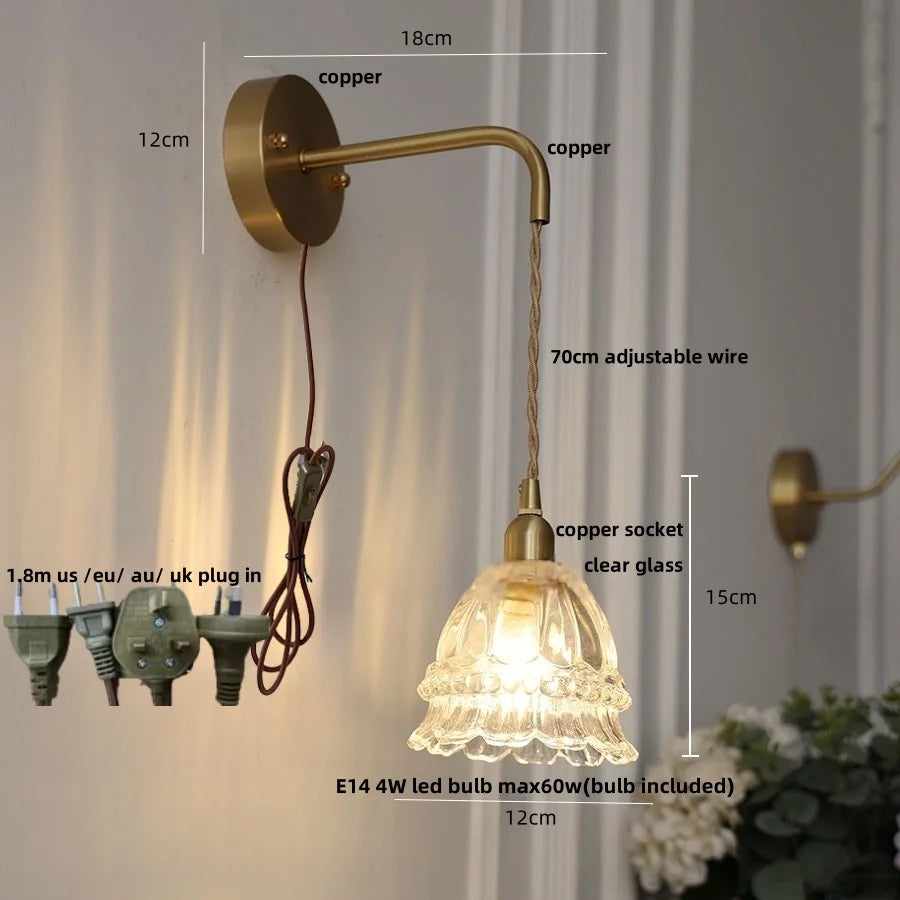 Afralia™ Amber Glass LED Wall Light Pull Chain Switch Modern Flower Sconce