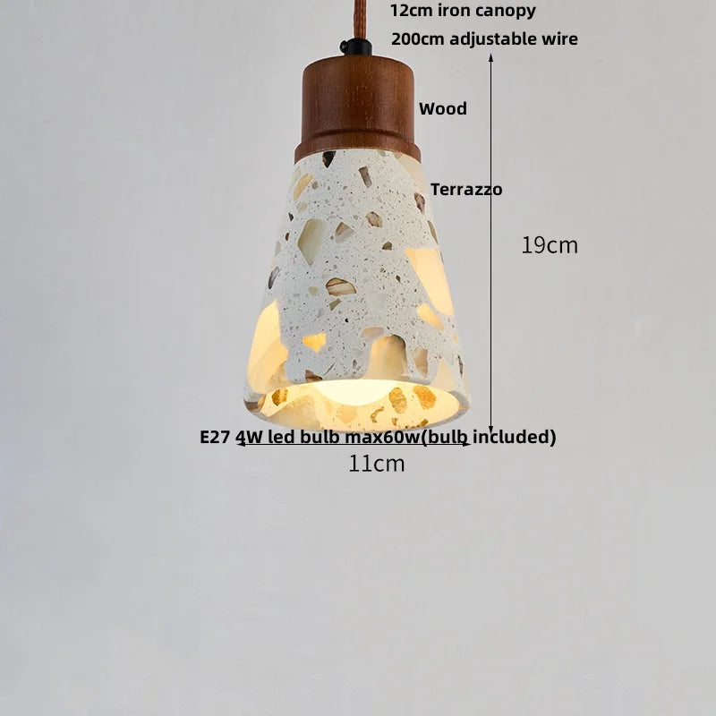 Afralia™ Terrazzo Stone Glass Pendant Light Fixture Wood Knob Switch LED Hang Lamp