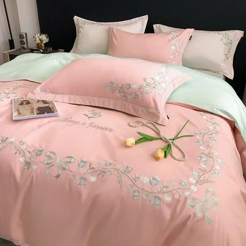 Afralia™ Flower Embroidery Cotton Duvet Cover Set, Queen/King Size Bedding Set with Sheets