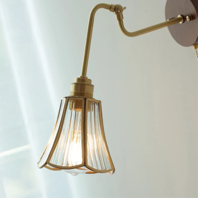 Afralia™ Copper Rotate Arm LED Wall Light: Clear Glass Walnut Bedside Lamp