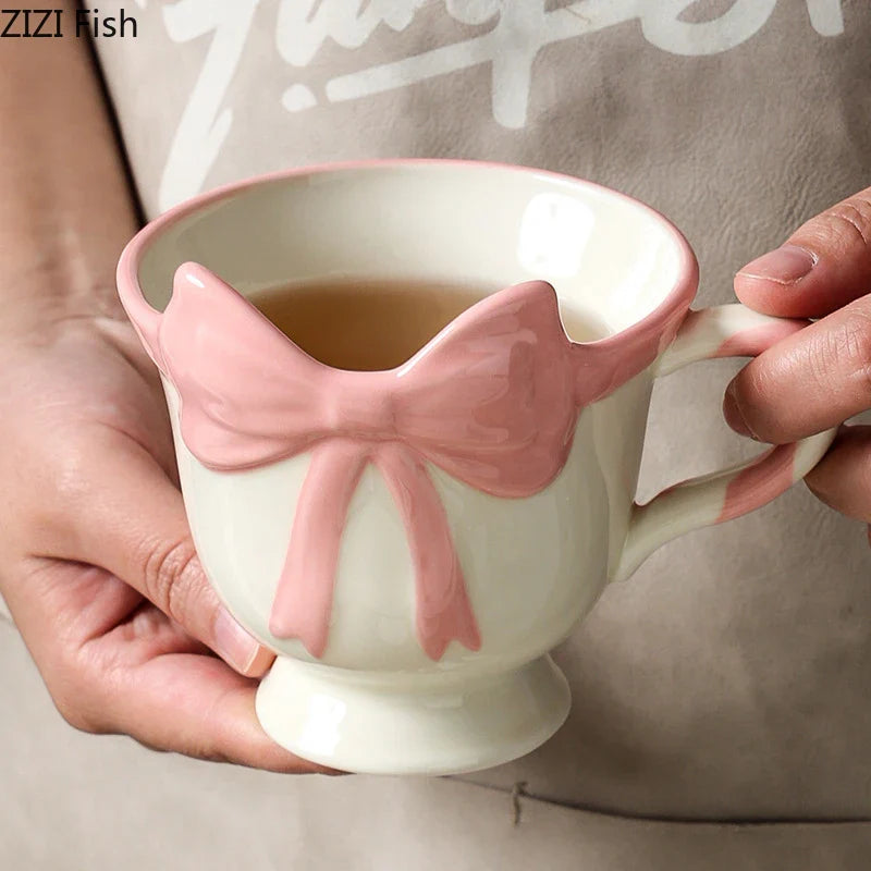 Afralia™ Pink Bowknot Ceramic Tea Coffee Mug - Lovely Table Cup Juice Container