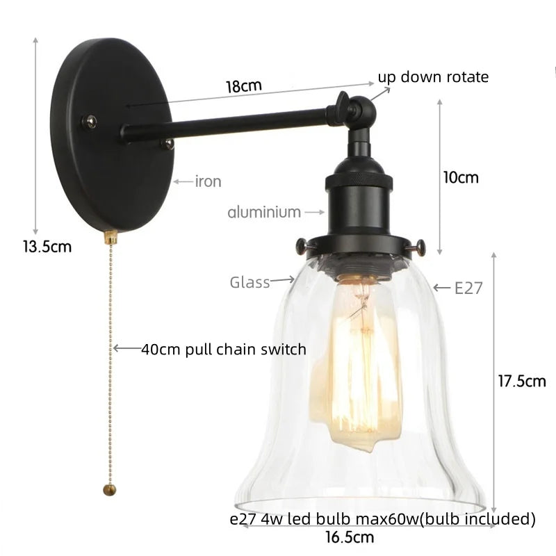 Afralia™ Vintage LED Wall Sconce Pull Chain Switch Glass Country Mirror Light