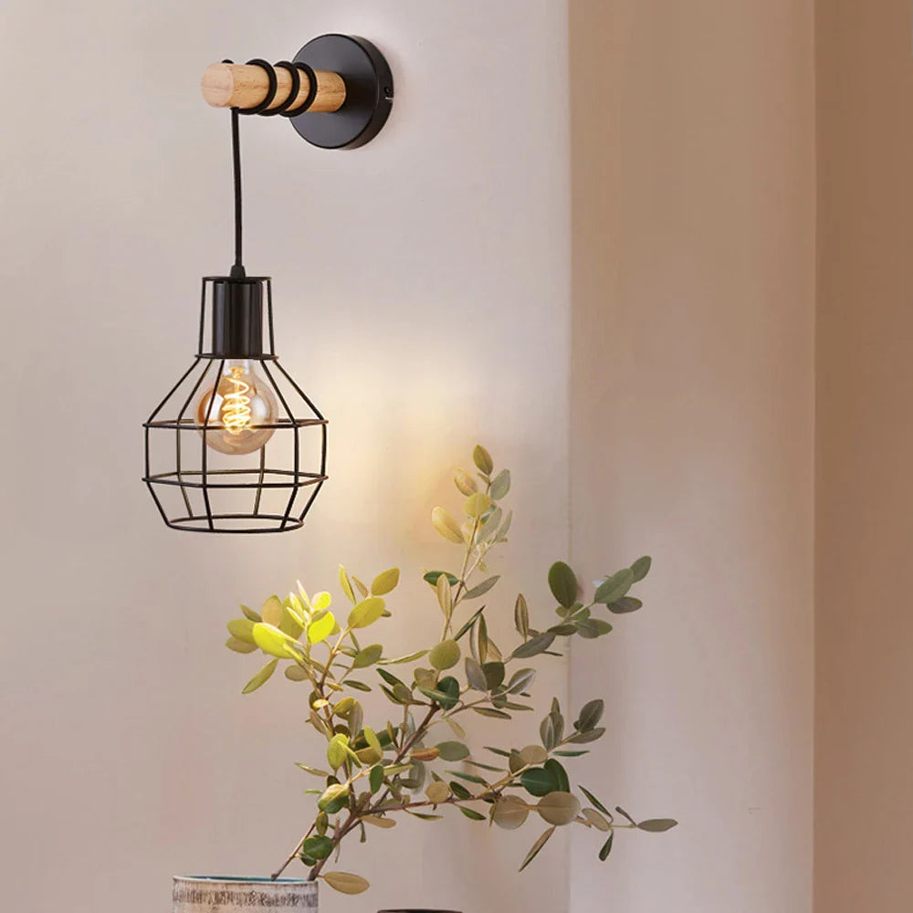 Afralia™ Loft American Iron Wood Wall Sconce Vintage Cage Guard Lampshade Fixture