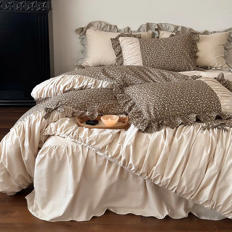 Afralia™ French Floral Washed Cotton Bedding Set, Duvet, Sheet, Pillowcases