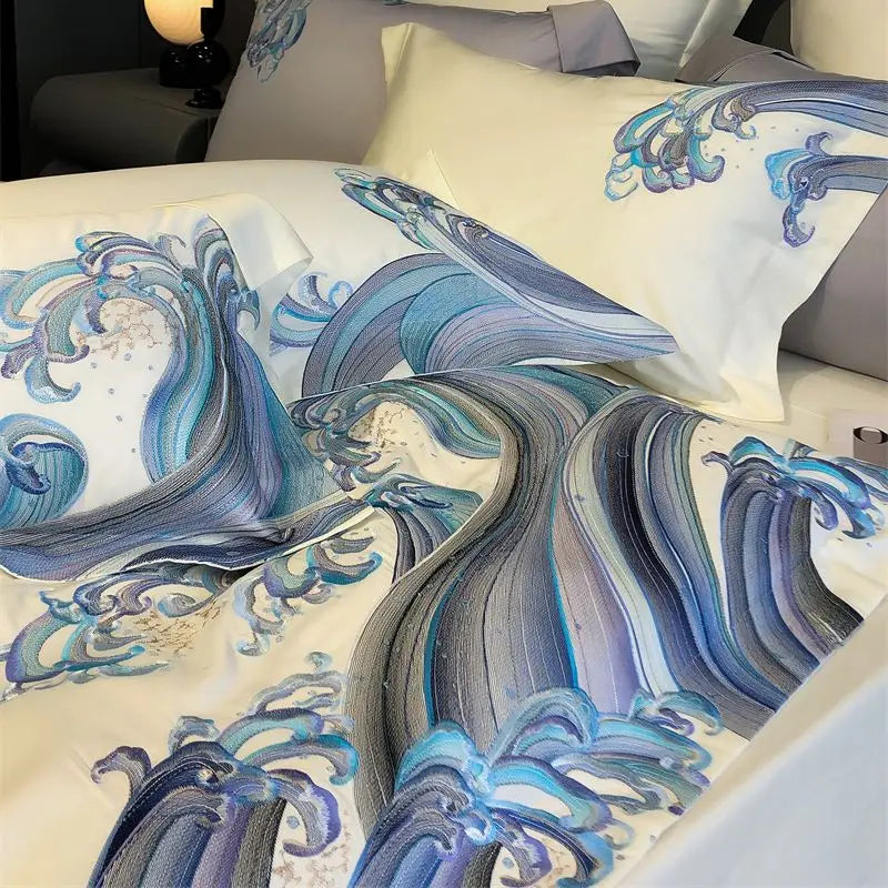 Afralia™ Blue Tides Waves Embroidery 1200TC Luxury Bedding Set with Duvet Cover, Sheet, Pillowcases