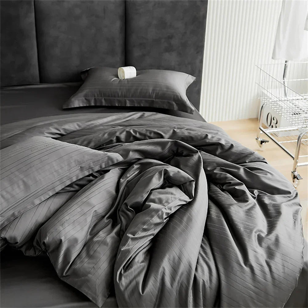 Afralia™ Grey Lines Stripes Duvet Cover Set Cotton Satin Jacquard Queen King Size