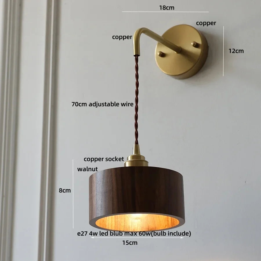 Afralia™ Wood LED Wall Lamp with Copper Socket & Pull Chain Switch - Adjustable Staircase Light