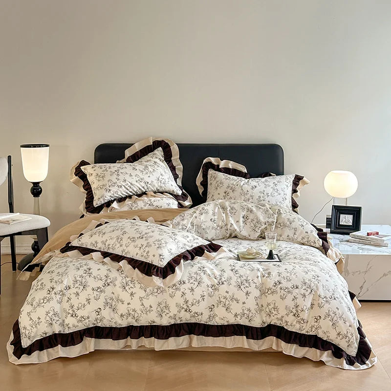 Afralia™ Vintage Floral Cotton Ruffles Princess Bedding Set with Double Layer