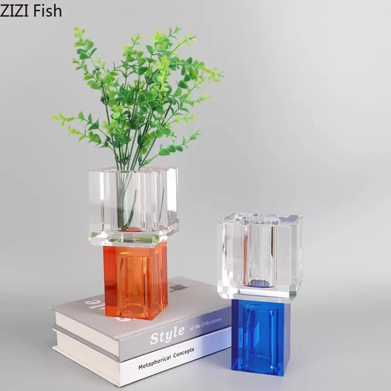 Afralia™ Geometric Square Glass Vase Artificial Flowers Modern Floral Arrangement
