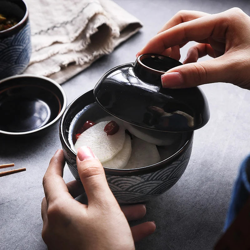 Afralia™ Ceramic Stew Bowl with Lid - Japanese Tableware for Soup, Steamed Egg, and Desserts