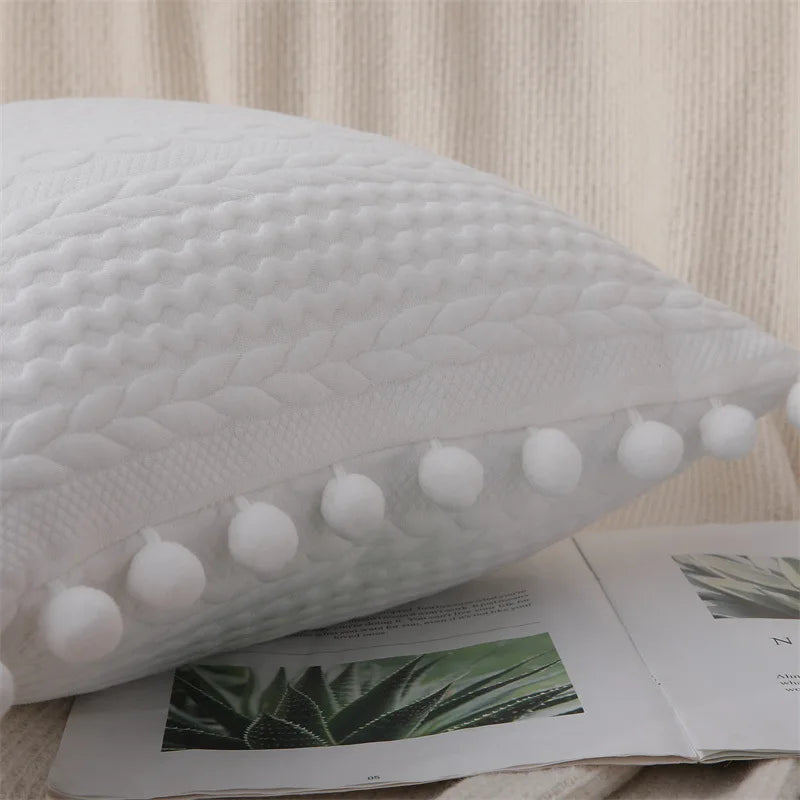 Afralia™ Lace Pompom Cotton Cushion Cover, 50x50cm, White Balls, Soft Seat Cover, Home Decor