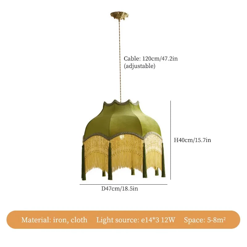 Afralia™ Vintage Green Tassel Pendant Light with Cloth Lamp Shade