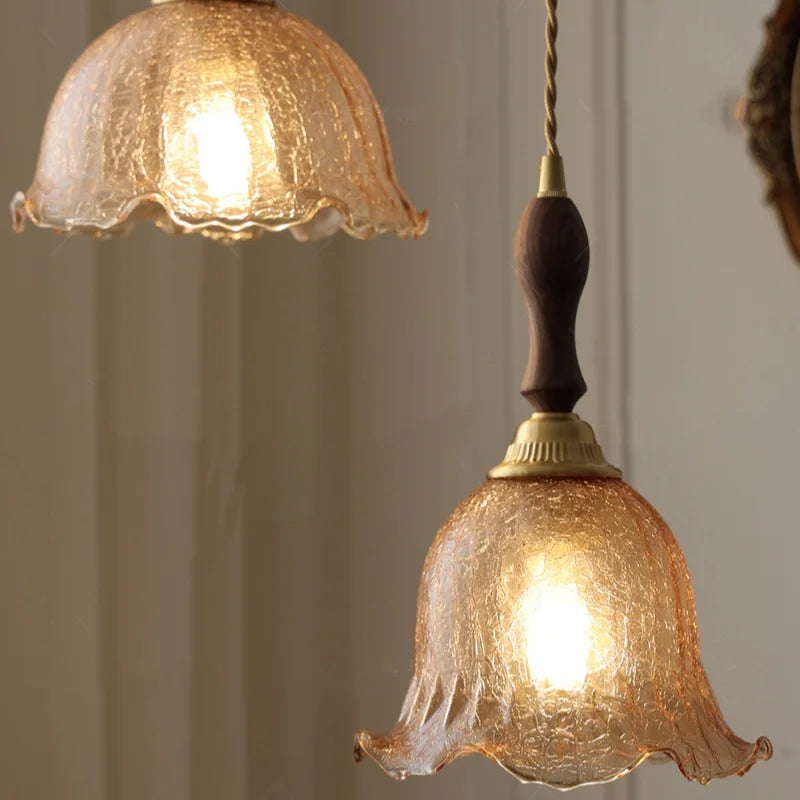 Afralia™ Amber Glass LED Pendant Lamp Walnut Wood Copper Hanging Light