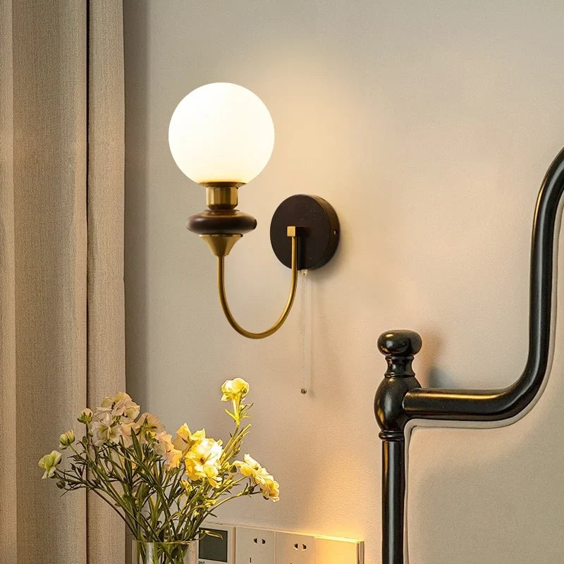 Afralia™ Wood Glass LED Wall Sconce Pull Chain Switch Bathroom Vanity Light