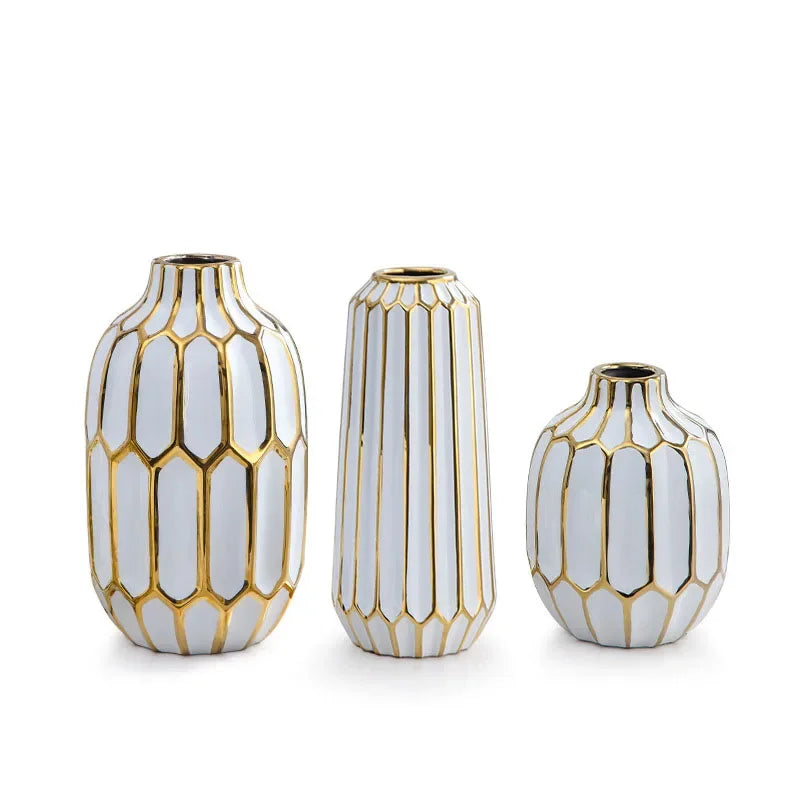Afralia™ White Gilt Stripes Ceramic Vase - Modern Home Decor & Office Craft