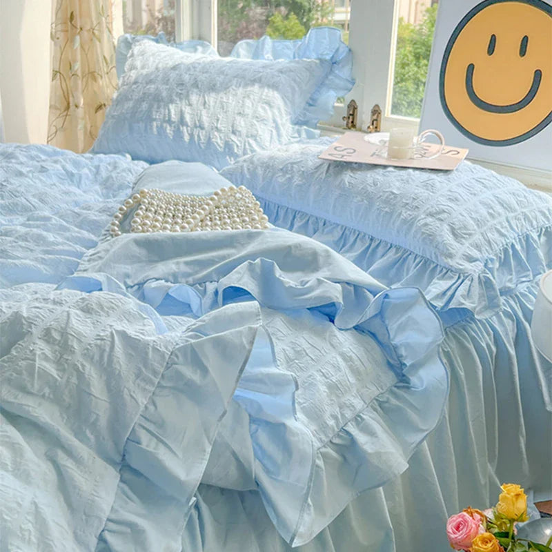 Afralia™ Korean Princess Soft Bedding Set, Wash Cotton Solid Color Duvet Cover Collection