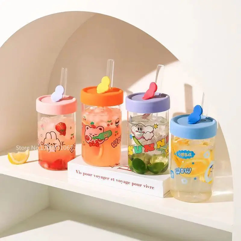 Afralia™ Cartoon Glass Cup with Lid & Straw - 600ml Drinkware