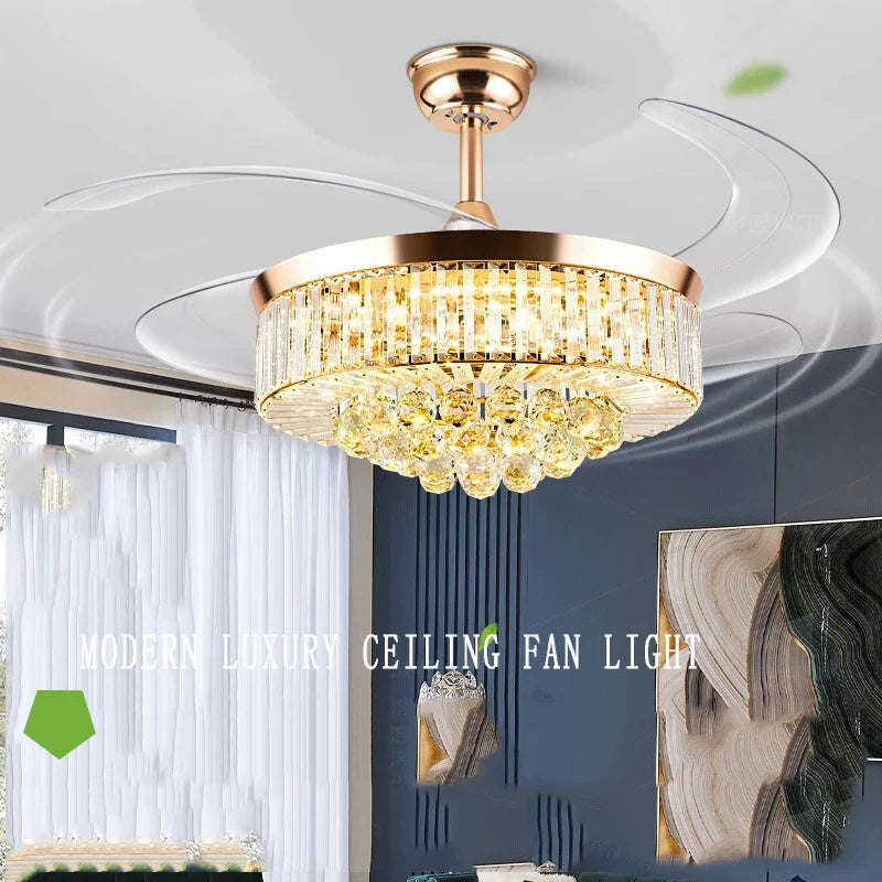 Afralia™ Luxury Crystal Ceiling Fan Lights Remote Control, Modern Retractable Chandelier Fan