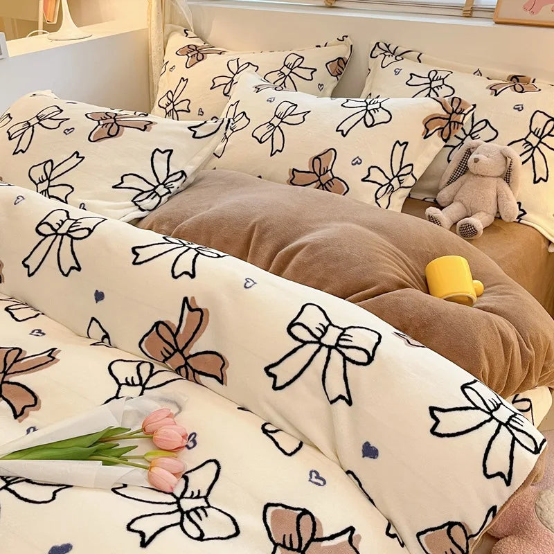 Afralia™ Snowflake Velvet Cute Cartoon Flower Bedding Set for Single Queen