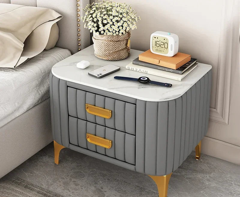 Afralia™ Rock Bed Edge Cabinet with Drawers, Modern Luxury Leather Master Bedroom Bedside Table
