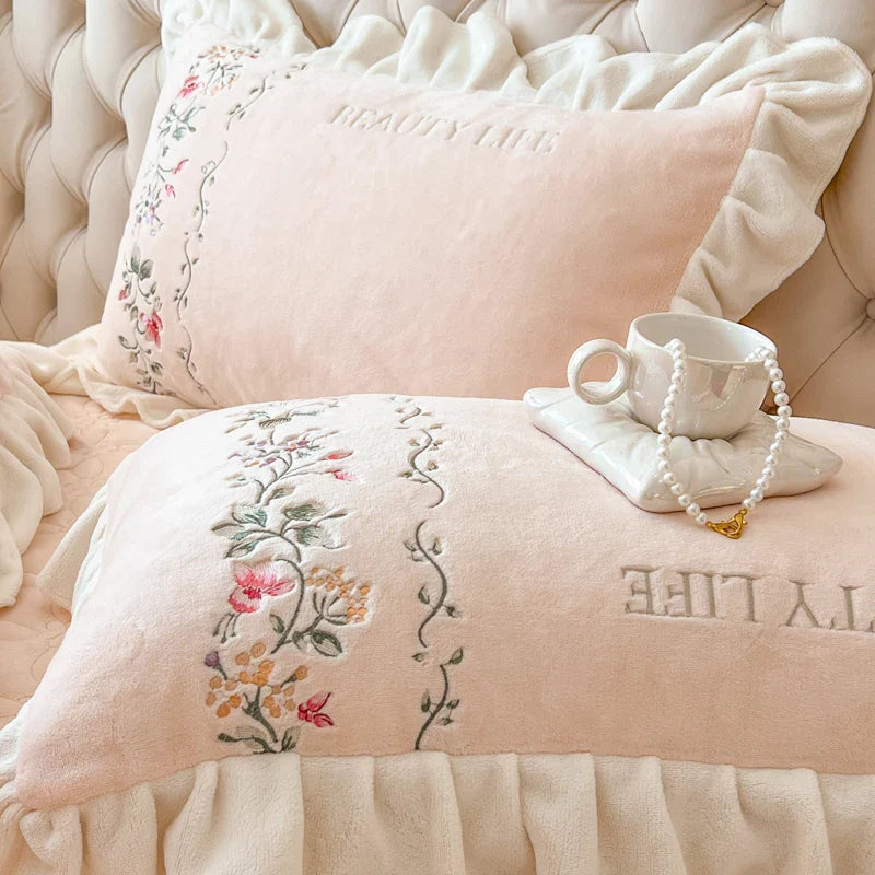 Afralia™ Pink Flowers Embroidery Princess Bedding Set - Velvet Material