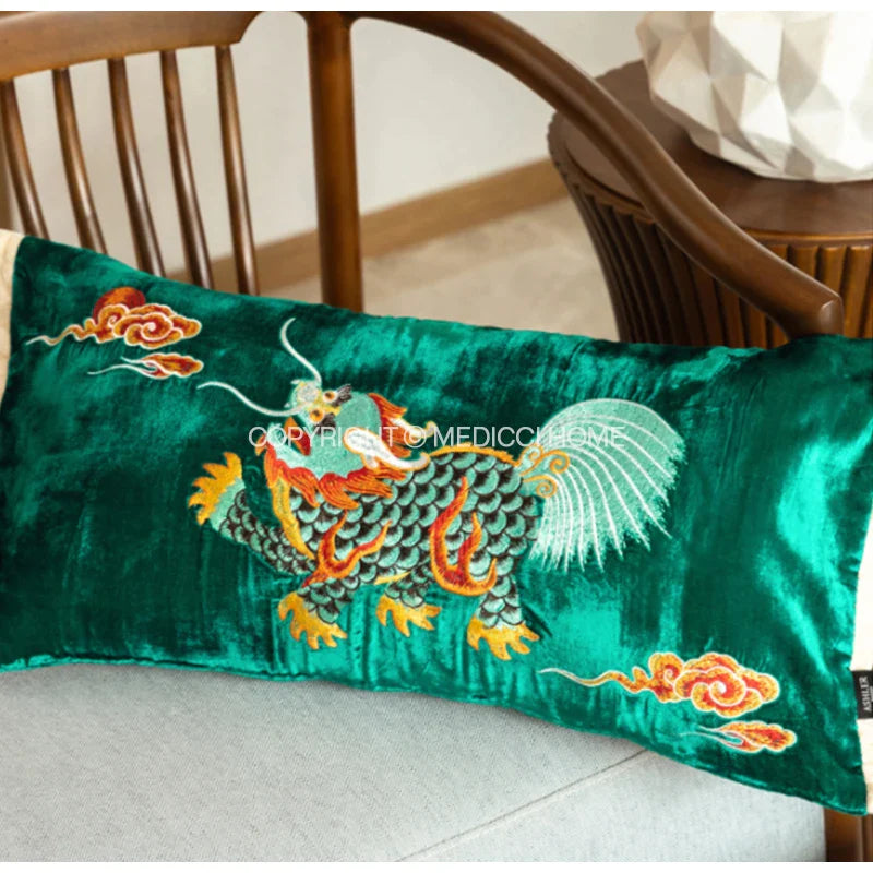 Afralia™ Silky Velvet Lumbar Pillow Cover Kirin Chasing The Sun Theme, 30x60cm