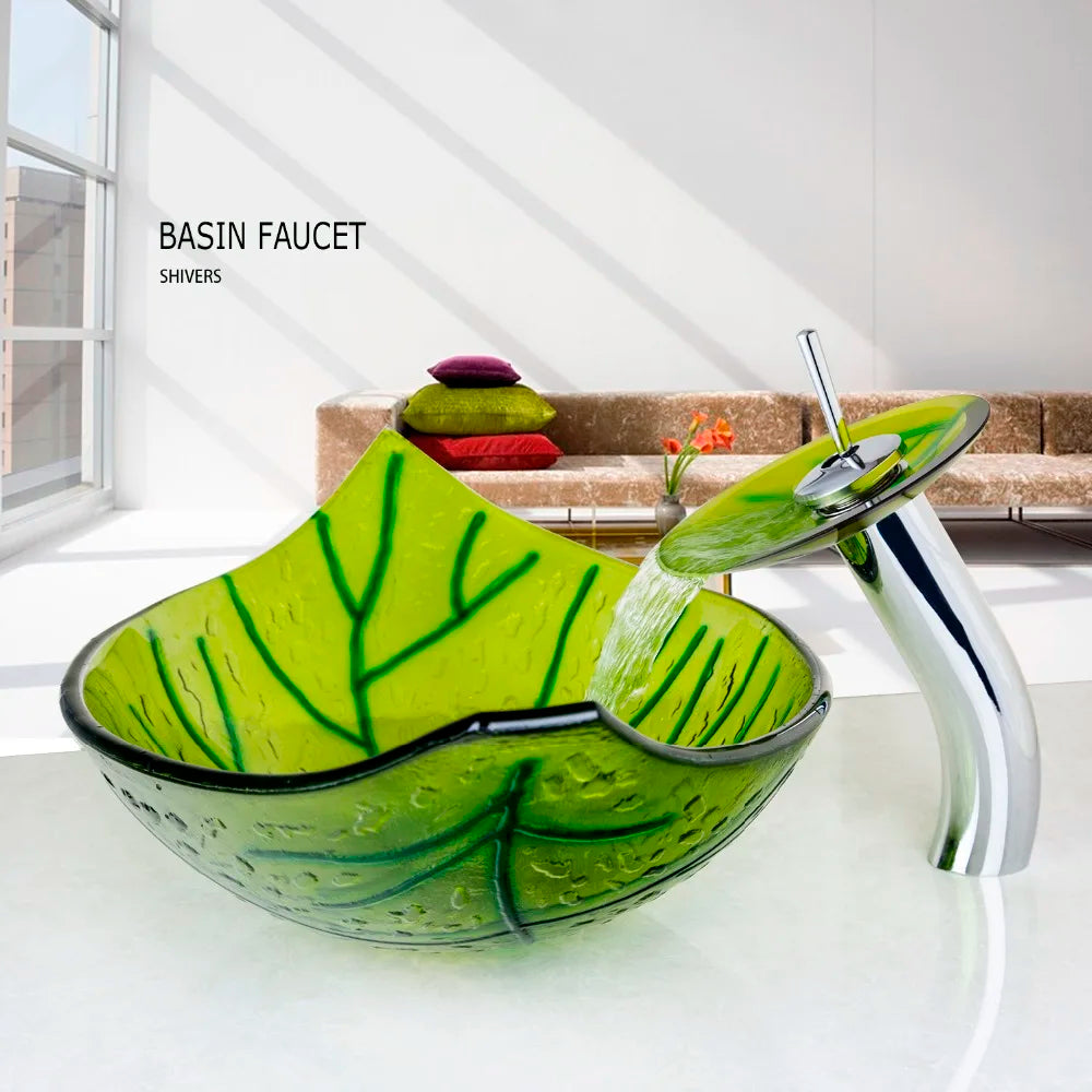 Afralia™ Green Glass Vessel Sink Set with Waterfall Faucet - Luxury Bathroom Vanity