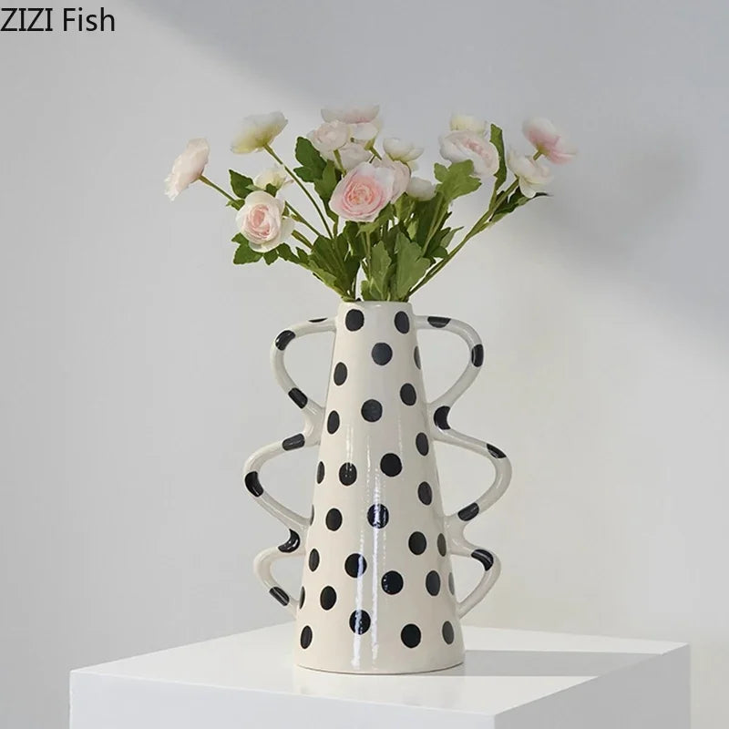 Afralia™ Black Polka Dot Ceramic Vase for Table Flower Arrangement and Room Decor