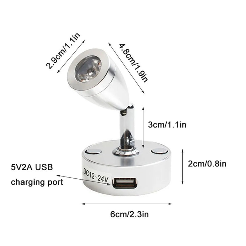 Afralia™ Silver 3W LED Reading Light with USB Charger for RV, Boat, Camper - Dimmable