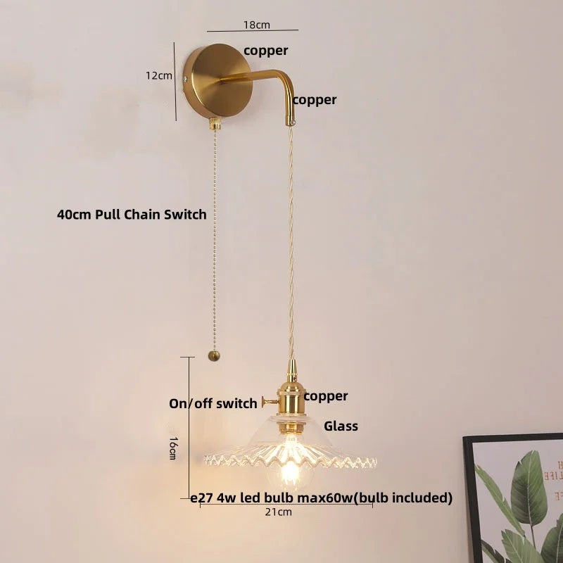 Afralia™ Copper LED Glass Wall Sconce with Pull Chain Switch for Living Dining Room