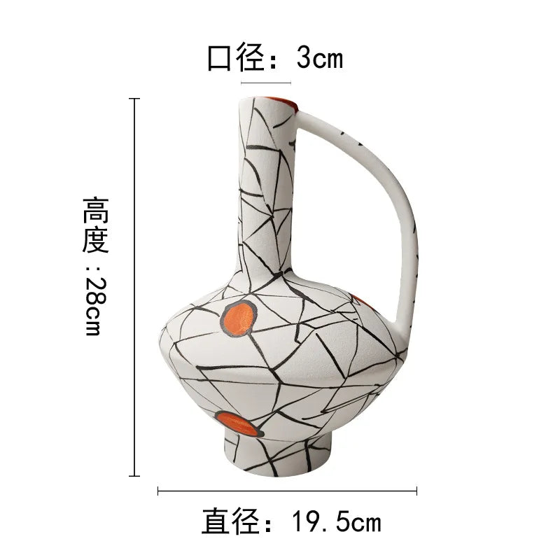 Afralia™ Geometric Line Ceramic Vase with Fringe Decoration