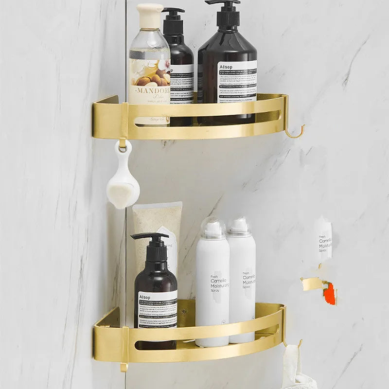 Afralia™ Brushed Gold Aluminum Bathroom Corner Shelf Wall Mounted Shower Shampoo Holder