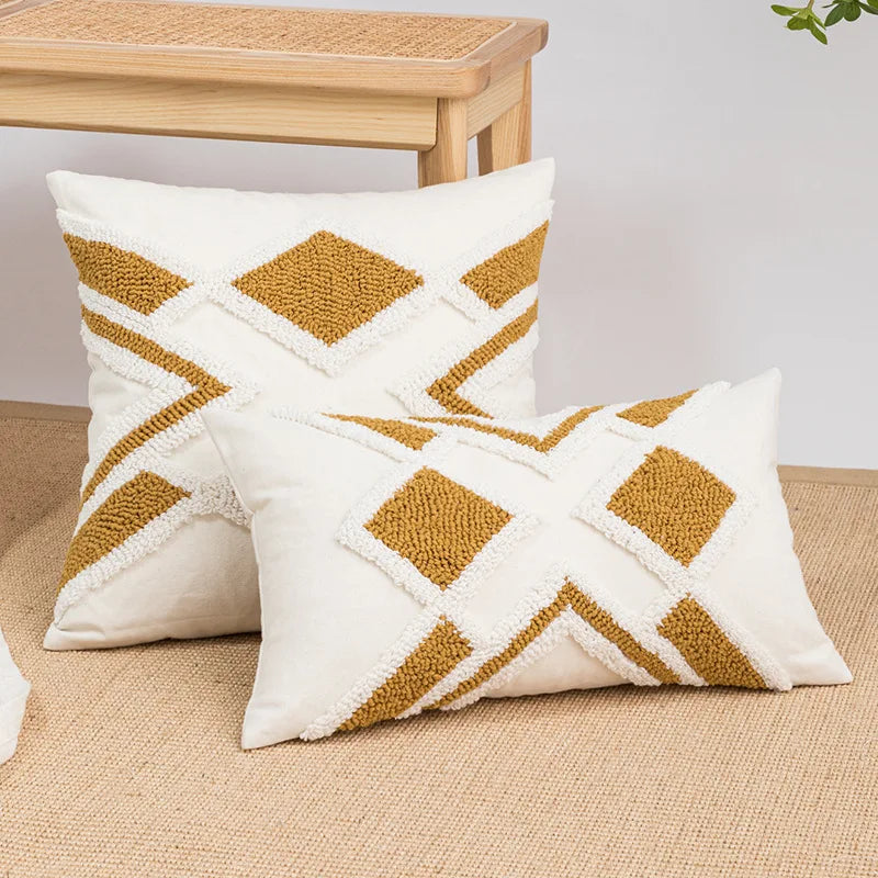 Boho Loop Tufte Cushion Cover Cotton Canvas Embroidered Pillowcase by Afralia™
